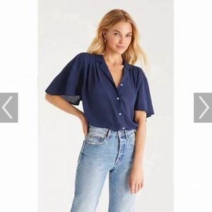 Z Supply Zena Flutter Sleeve Navy Button-Up Blouse NWT size L